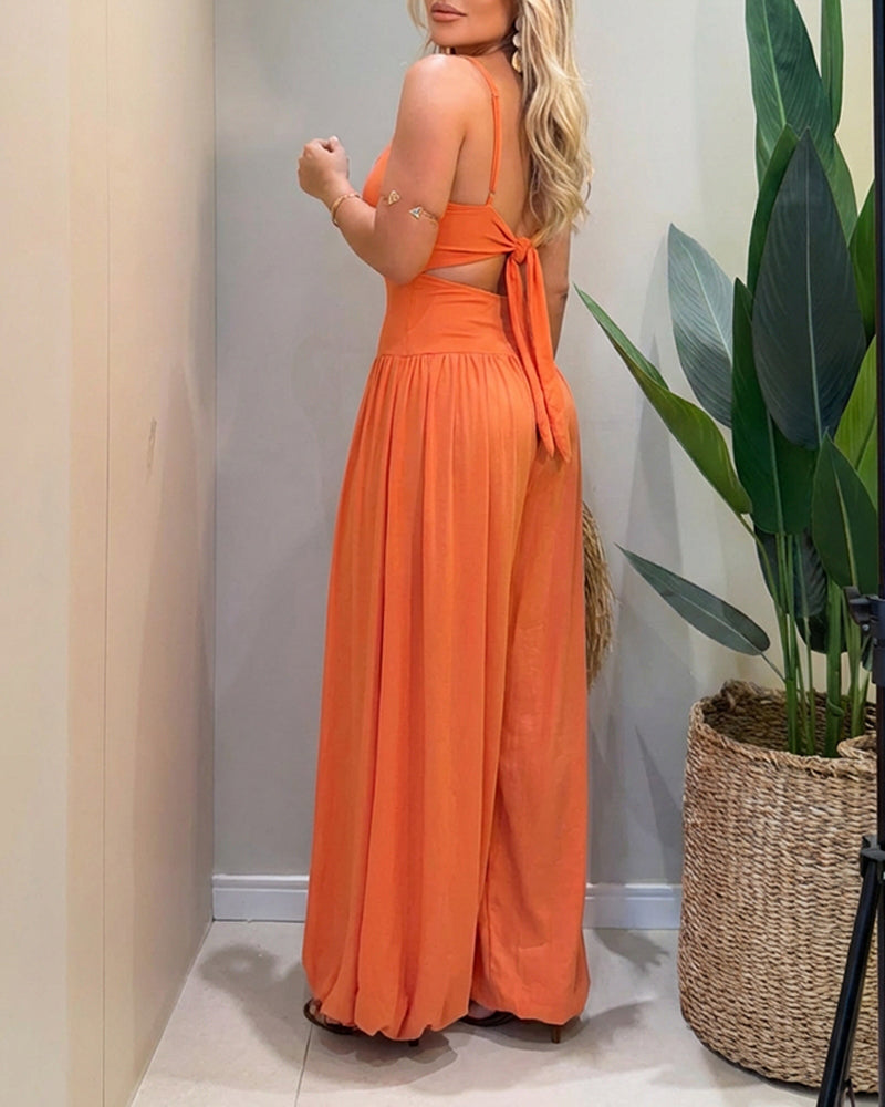 CHICME Women's Cut-out Waist Cami Jumpsuit Backless Tie-Back Lantern Romper Ruched High Waist Summer Jumpsuit